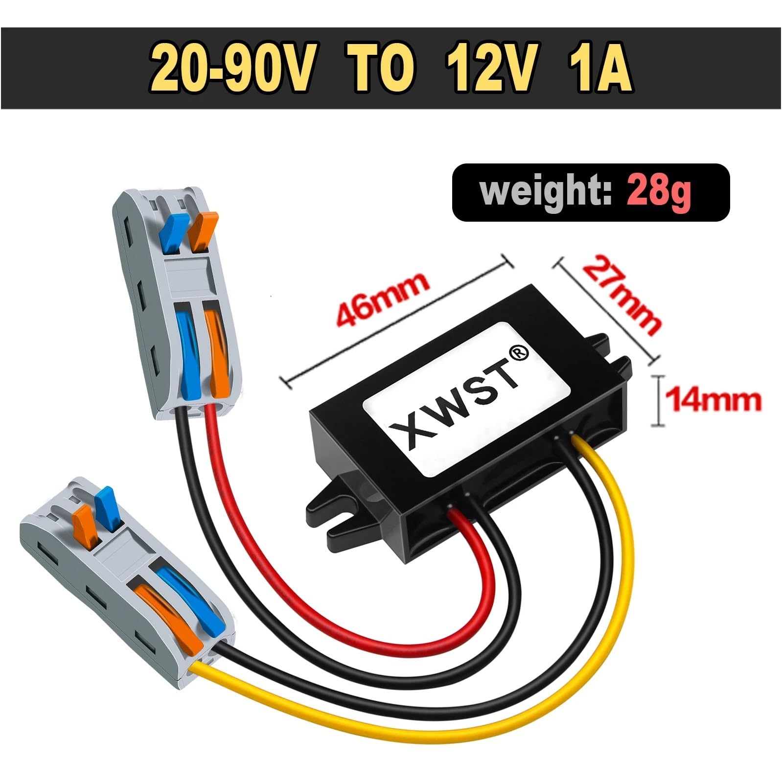 Konwerter zasilacza 20-90 V na 12 V, regulator napięcia DC, 24 V, 36 V, 48 V, 60 V, 72 V do 12 V, z szybkim złączem do monitora robota (1A ABS Platisc S)
