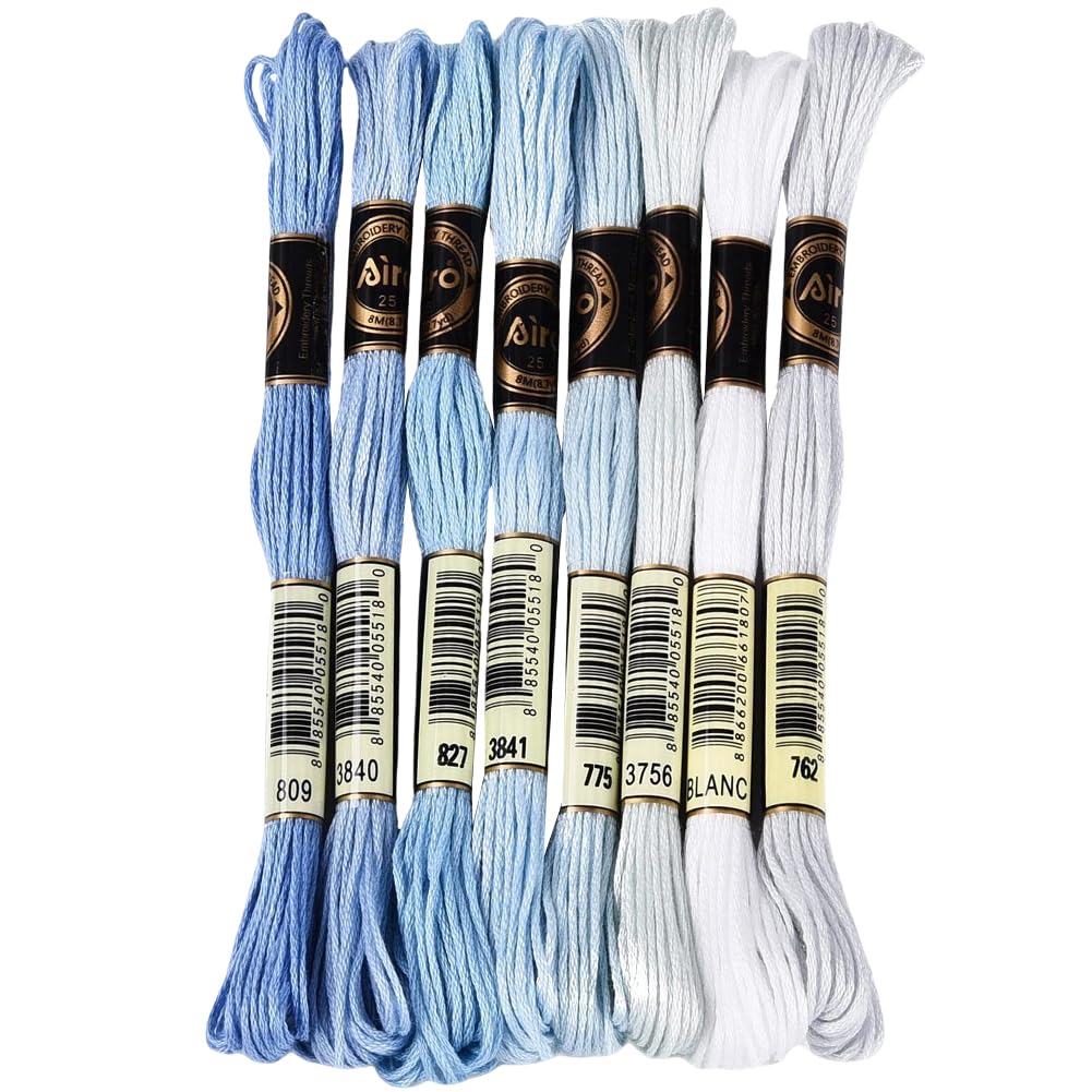 70 Yards 8 Skeins Gradient 6 Strands Light Sky Blue Variegated Cross Stitch Floss Polyester Embroidery Thread String Friendship Bracelets Threads Set for Hand Sewing Making Knitting Supply