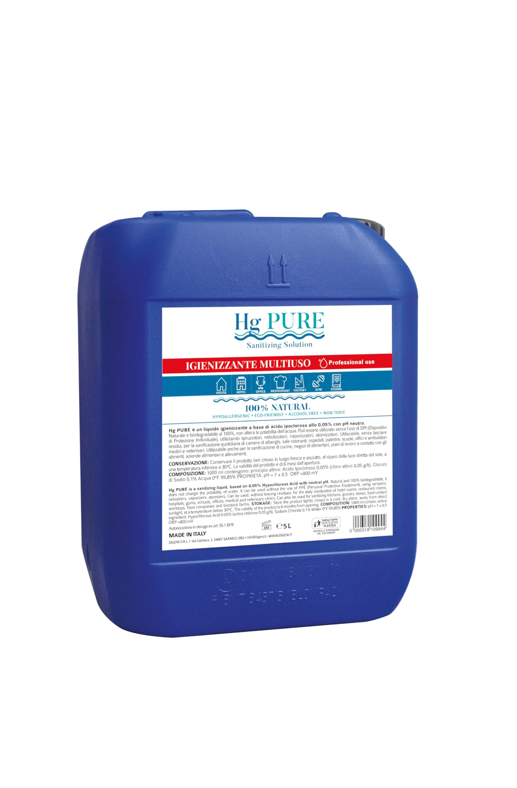 Hg Pure Disinfettante Igienizzante Liquido e Ricarica per Spray Multiuso per Mani, Ambiente e Animali 5 litri Antibatterico Sanificante liquido no Alcool Elimina Virus Naturale - Made in Italy