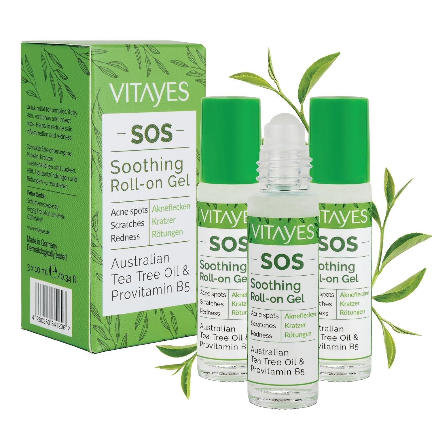 Vitayes SOS Teebaumöl Roller, Vitamin B5, gegen Akne flecken, Kratzer, Hautentzündungen