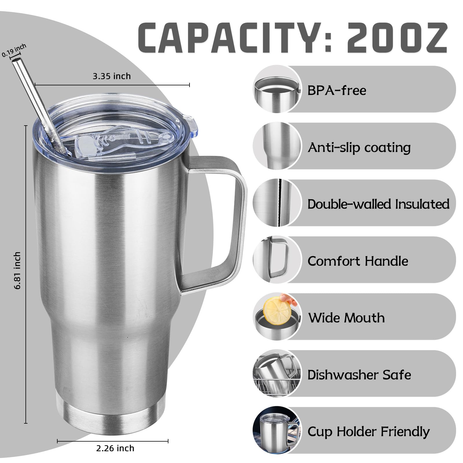 Trinkbecher mit Griff, Edelstahl, isoliert, mit Deckel und Strohhalm, doppelwandig, vakuumisoliert, auslaufsicher, Reisebecher für heiße und kalte Getränke, 590 ml, Silber, 6 Stück