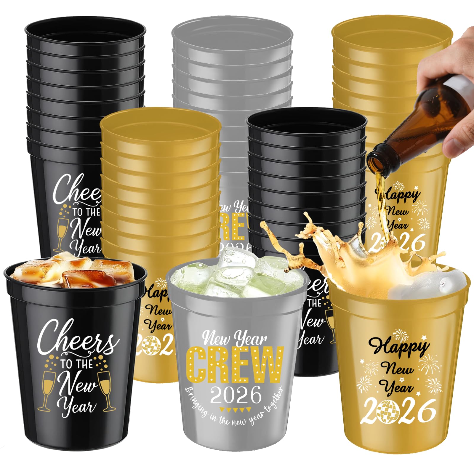 Ertyjikg Happy New Year Party Party Supplies,12 OZ New Year Party Reusable Plastic Cups for New Years Eve Party Decorations(15PCS)