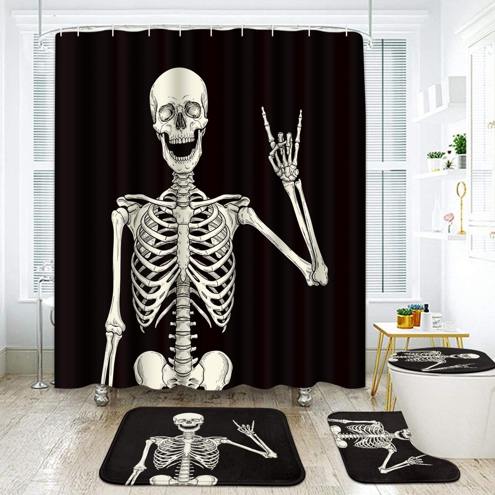 Cortinas de ducha de calaveras para evitar resbalones con alfombra y tapa de inodoro a juego