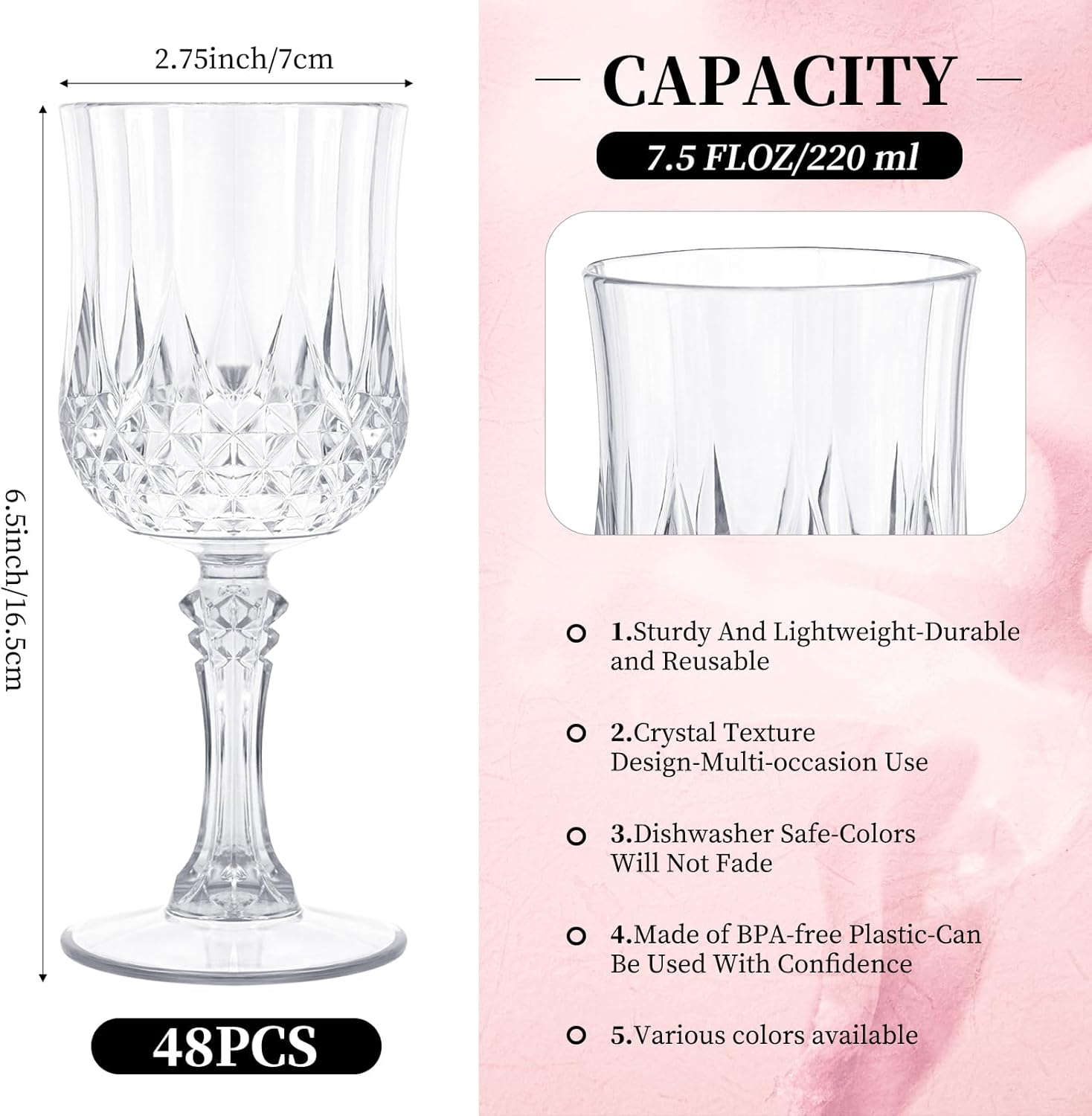 Pesonlook 48Pack Transparent Plastic Wine Glasses,Vintage Plastic Goblets for Parties, Transparent Drinking Glasses Crystal Water Goblets Reusable for Wedding Reception, Grand Event Party Supplies - Image 2