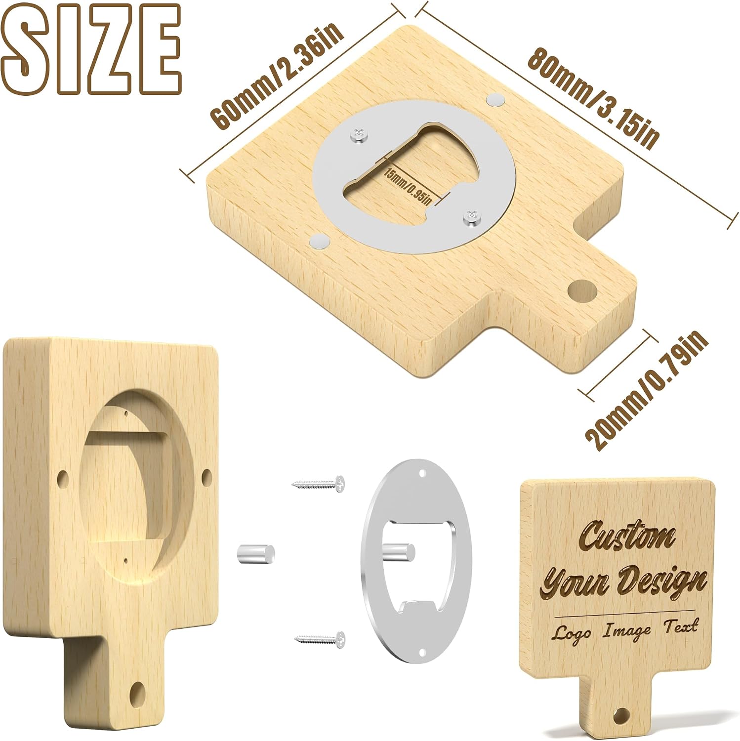 10 PCS Personalized Magnetic Bottle Opener for Fridge, 3 in 1 Laser Engraved Custom Decorative Wooden Beer Bottle Opener with Logo/Text for Bar, Soda, Party, Wedding Favors Gifts (Square with Handle)