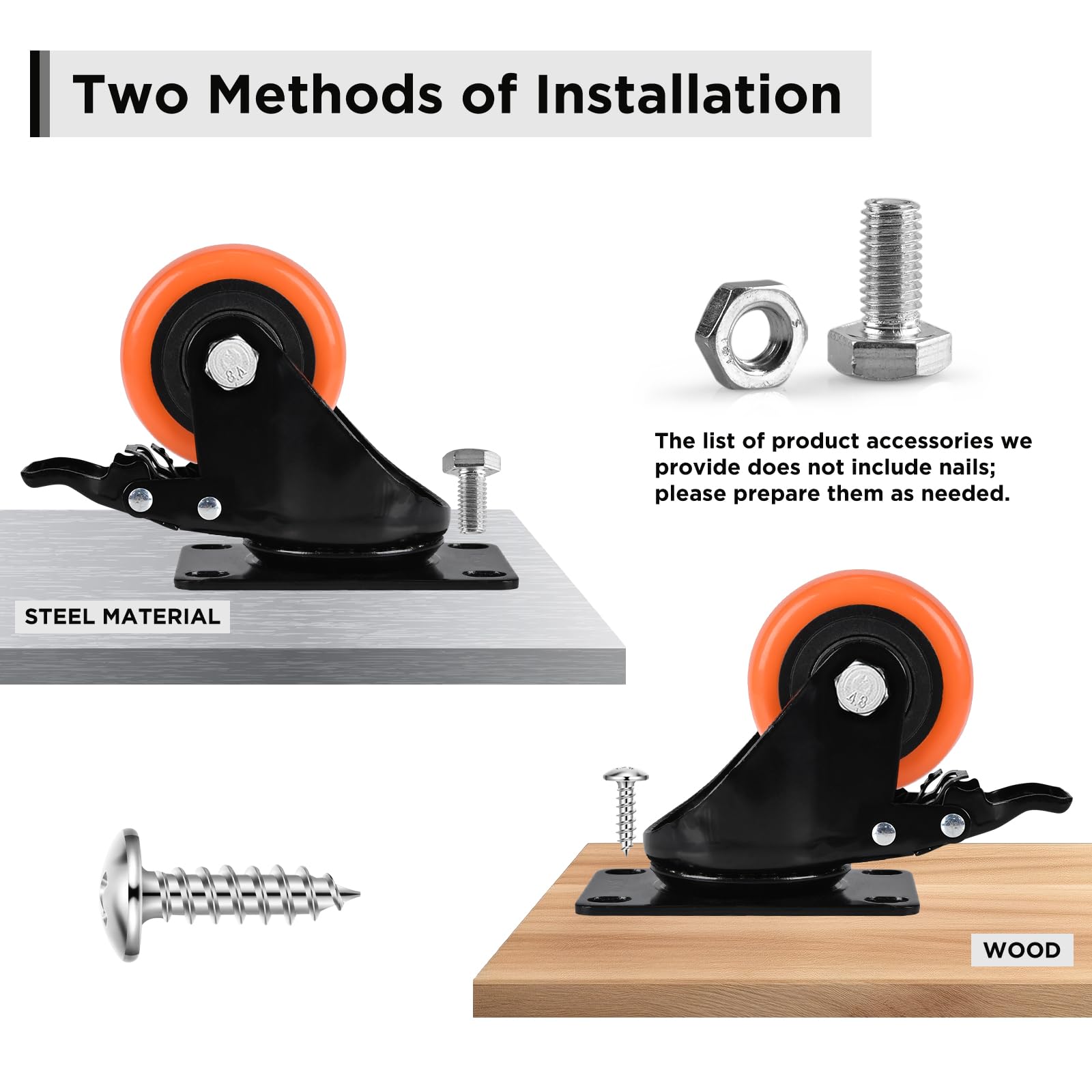 Caster Wheels, Heavy Duty 50mm Casters Set of 4, Locking Swivel Casters Wheels for Cart Furniture and Workbench, Orange - Image 3