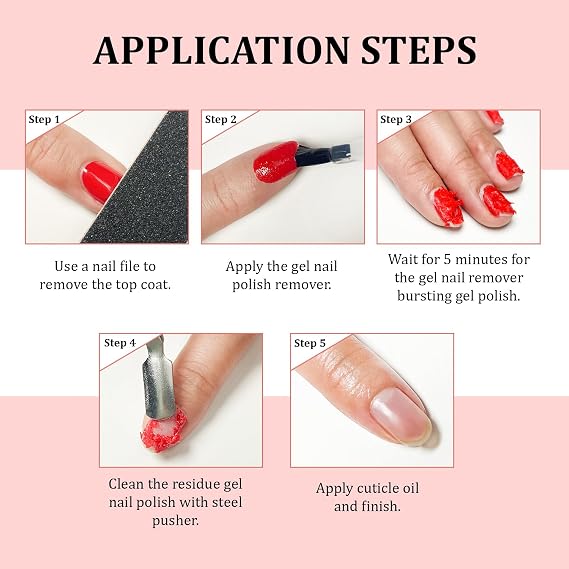 JODSONE Gel Nail Polish Remover Kit, 2Pcs 15ML Quick Soak-Off Gel Remover, Nail Sanding Strips & Cuticle Steel Pushers, Professional At-Home UV Gel Nail Removal Tools Set