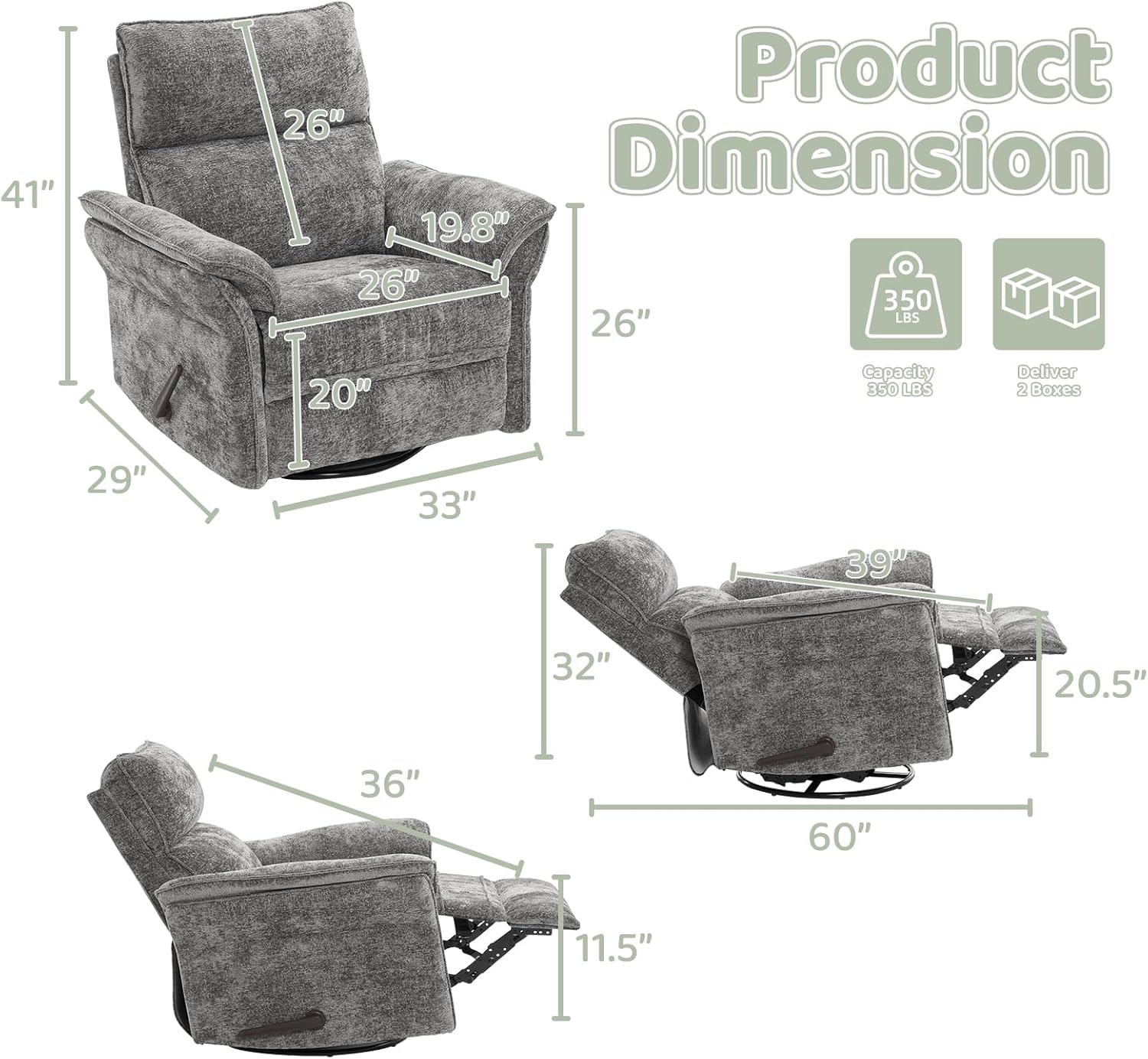 Oversized Rocking Chair Nursery with Adjustable Headrest, 26" Extra Wide Glider Recliner Nursery Chair for Nursery, 360° Swivel Rocker Recliner with Overstuffed Armrest, Dark Grey