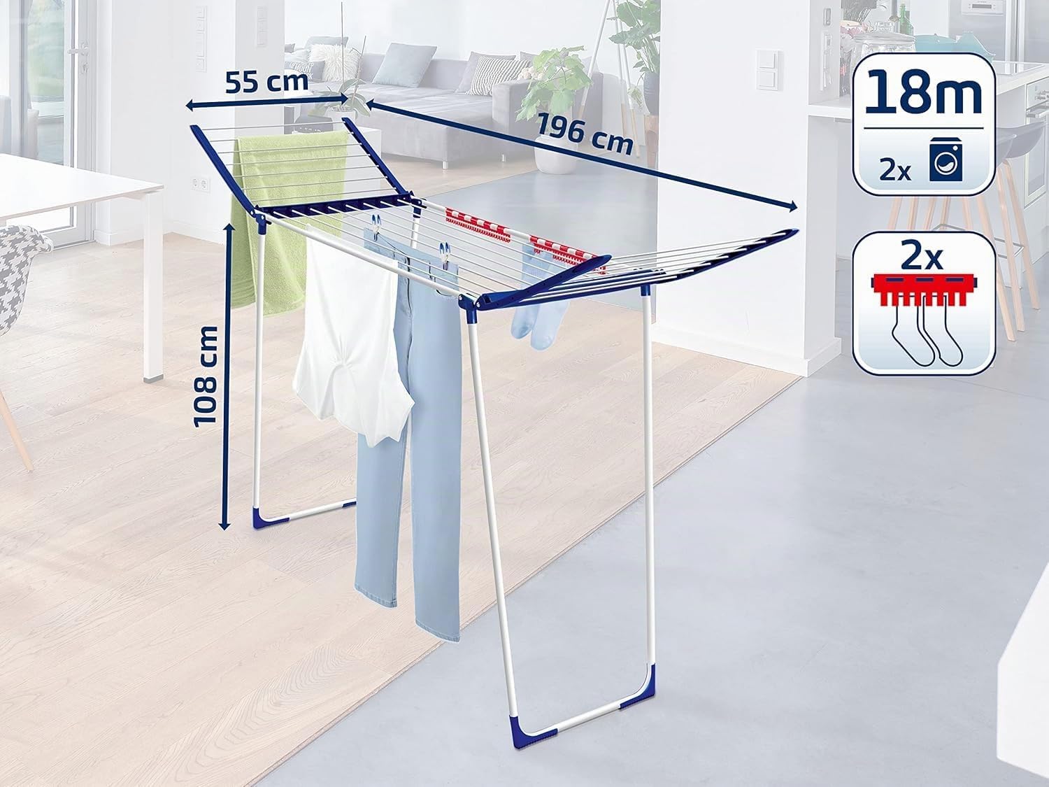 Leifheit Tendedero con alas Pegasus 180 Solid Maxx, tendedero de ropa plegable con altura XXL, tendedero exterior e interior para prendas largas, azul