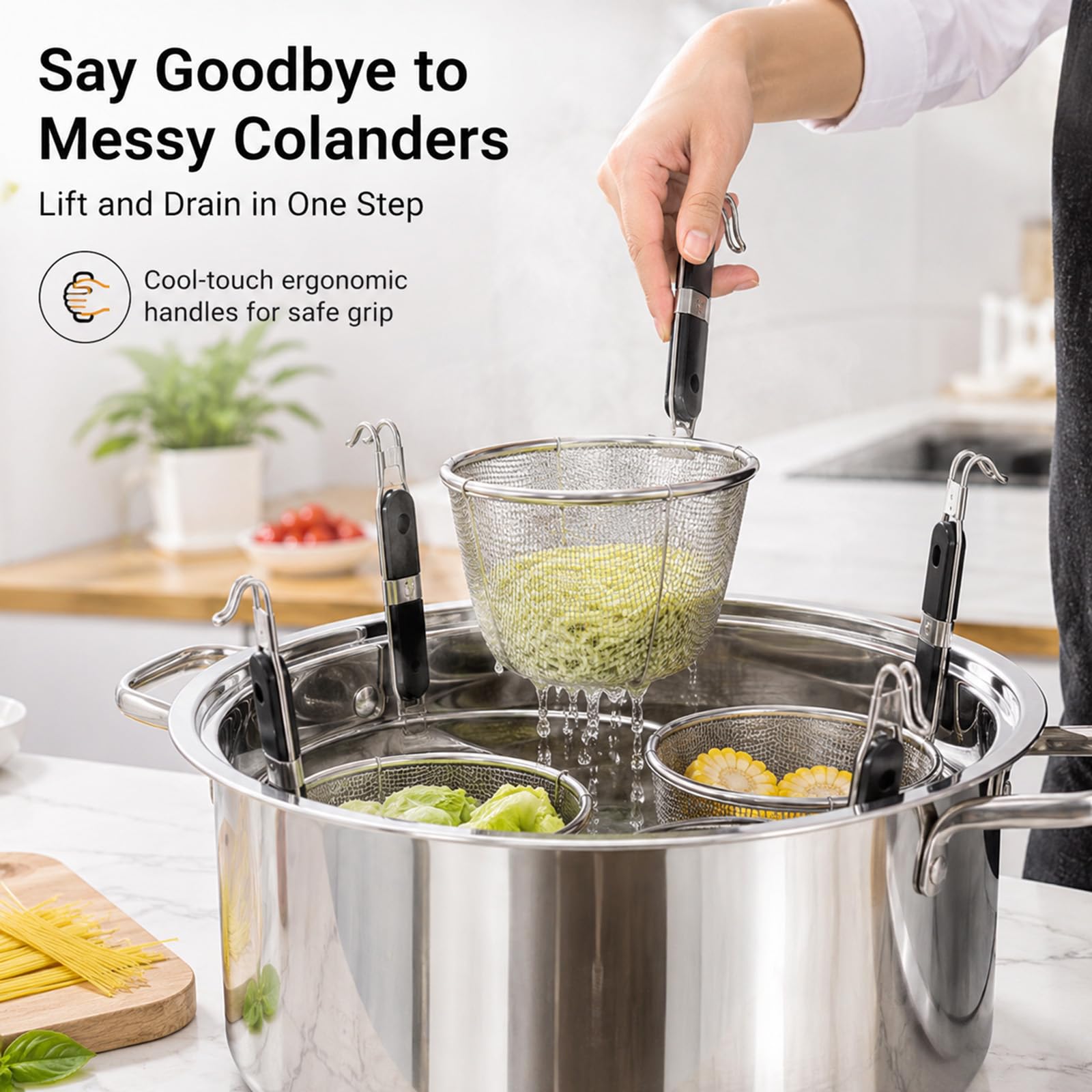 RSBFER Set di cuocipasta in Acciaio Inox con cestelli scolapasta, pentola Multifunzione con Coperchio e 3/4/5 Scomparti per cuocere Pasta, Noodles, Gnocchi e Verdure,3 Hole