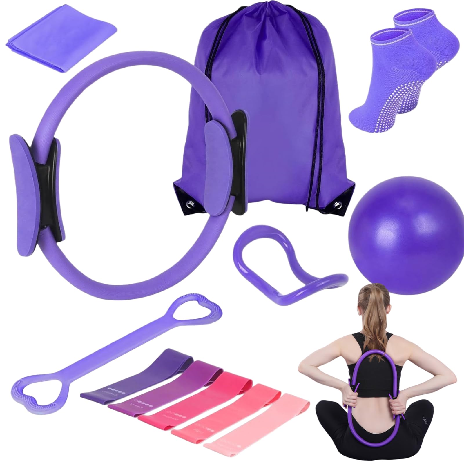 Kit de Pilates Essential de 13 pièces, pour femme, avec balle de pilates, anneau de pilates, bandes de résistance, chaussettes, anneau de Pilates et accessoires pour étirement et fitness