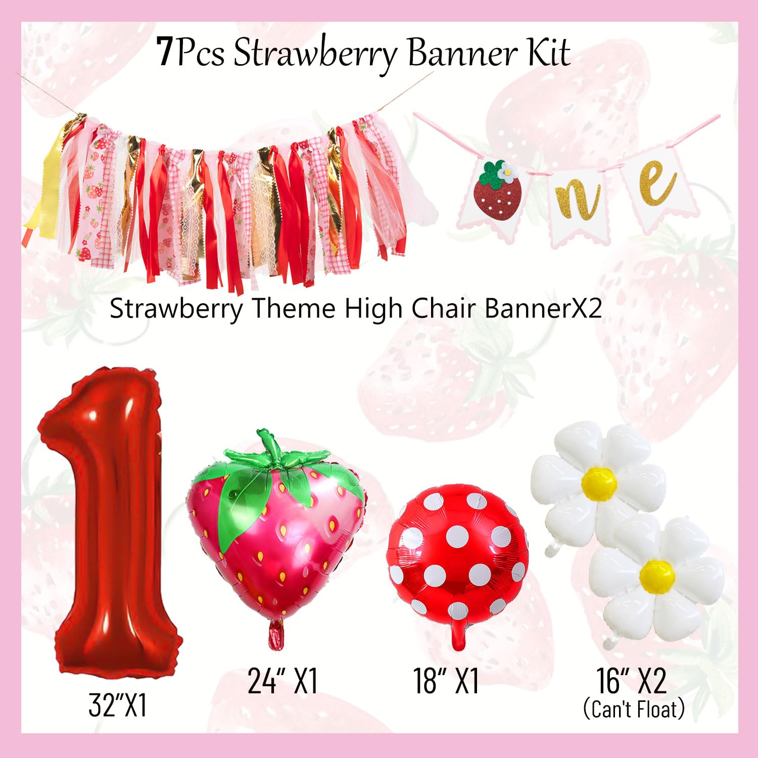 Strawberry First Birthday Decorations - Berry One High Chair Banner & Balloon Set