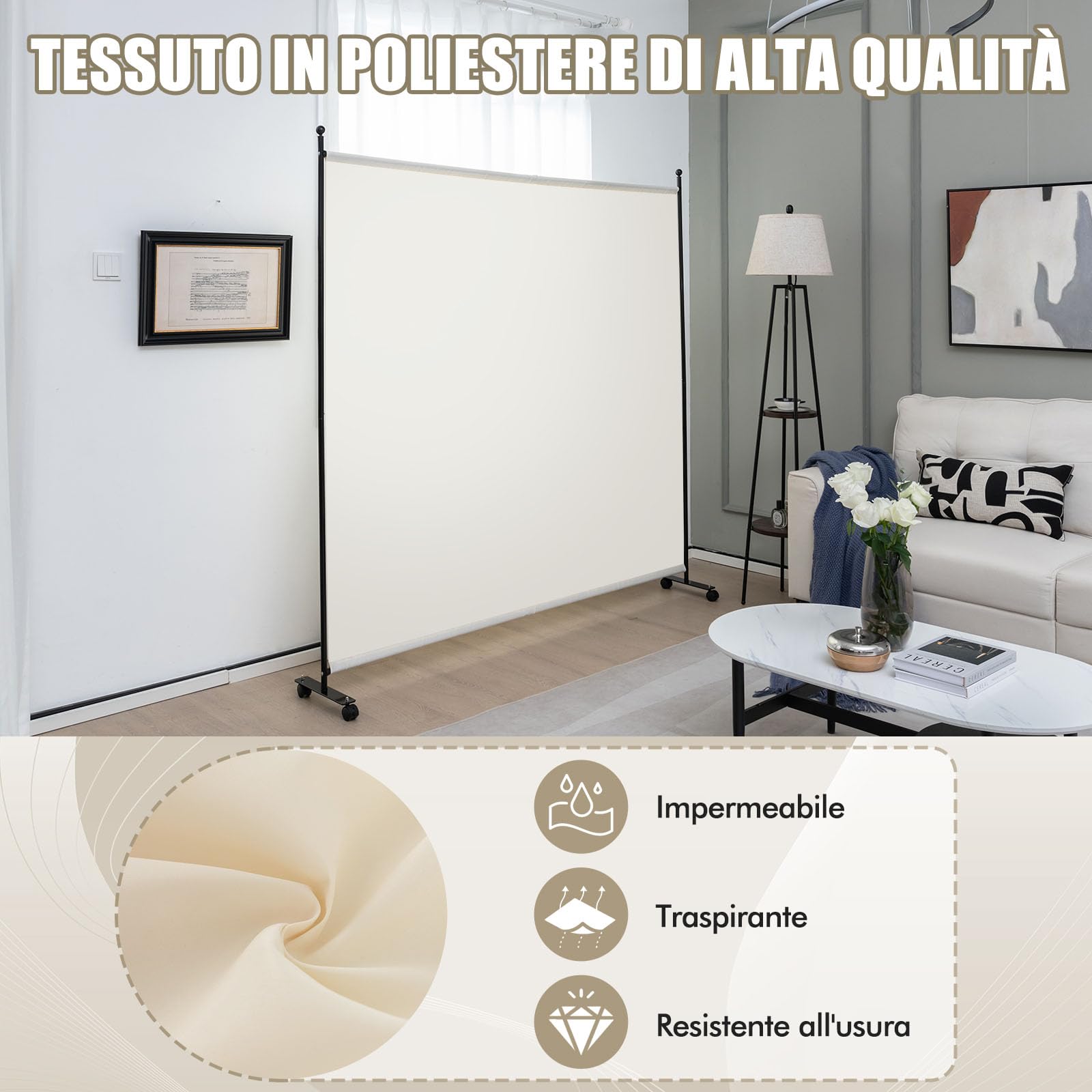 COSTWAY Separé Divisorio Singolo 184 x 184 CM, Paravento da Interno ed Esterno con Ruote Bloccabili, Pannello Divisorio per Ambienti Interni Portatile da Soggiorno Camera da Letto e Ufficio (Bianco)