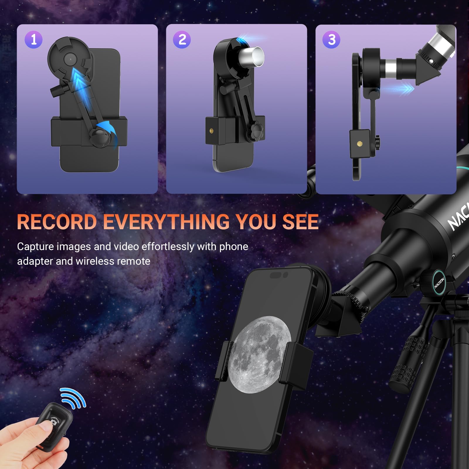 NACATIN - Telescopio para niños y principiantes, apertura de 70 mm, refractor astronómico, telescopio con trípode, adaptador de teléfono móvil, mando a distancia (negro)