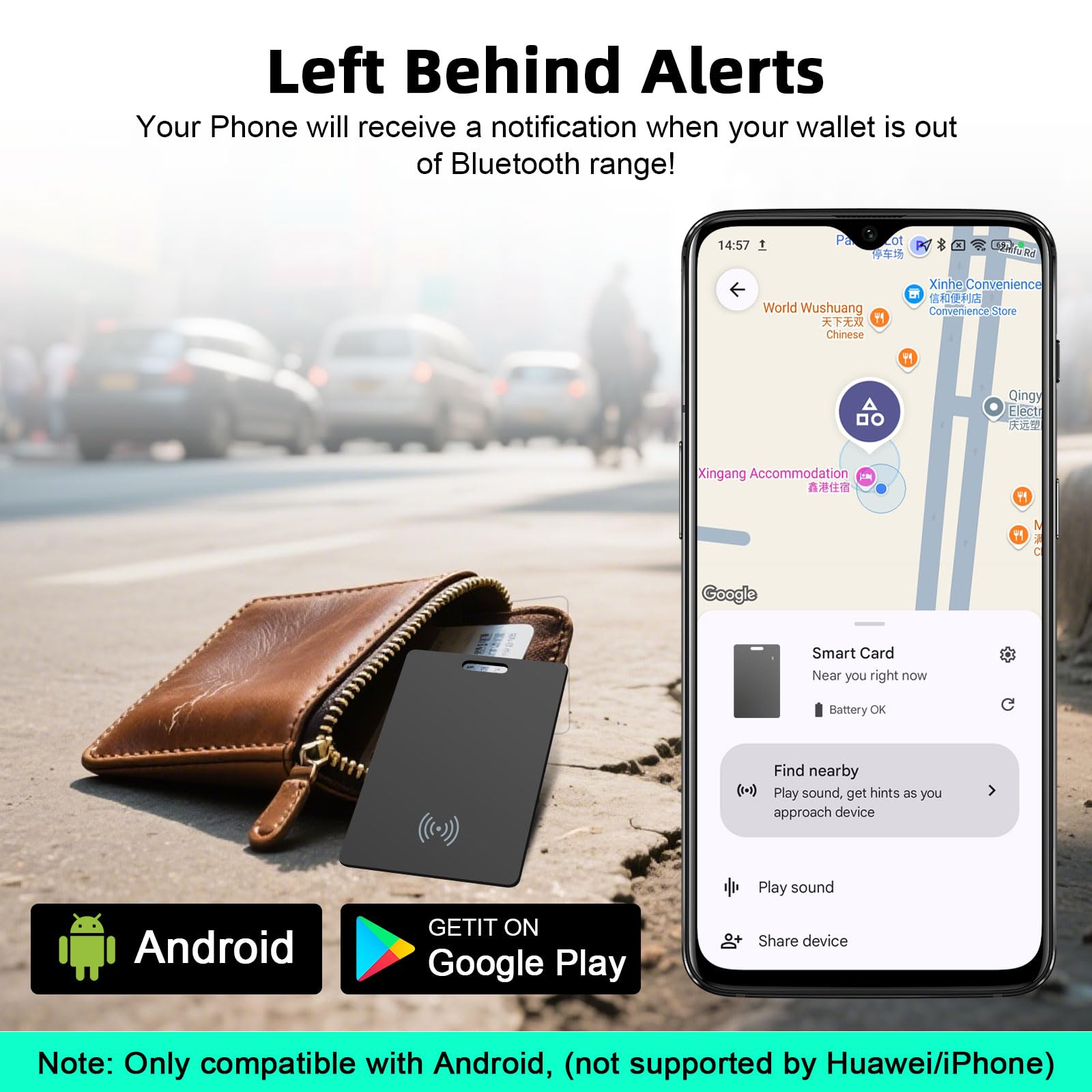 2 Stück Wallet Tracker für Android, kabellos wiederaufladbarer Smart Tracking Karte, Dünne Geldbörsen-Tracker-Karte kompatibel mit Google Mein Gerät Finden APP (Android NUR),Schwarz