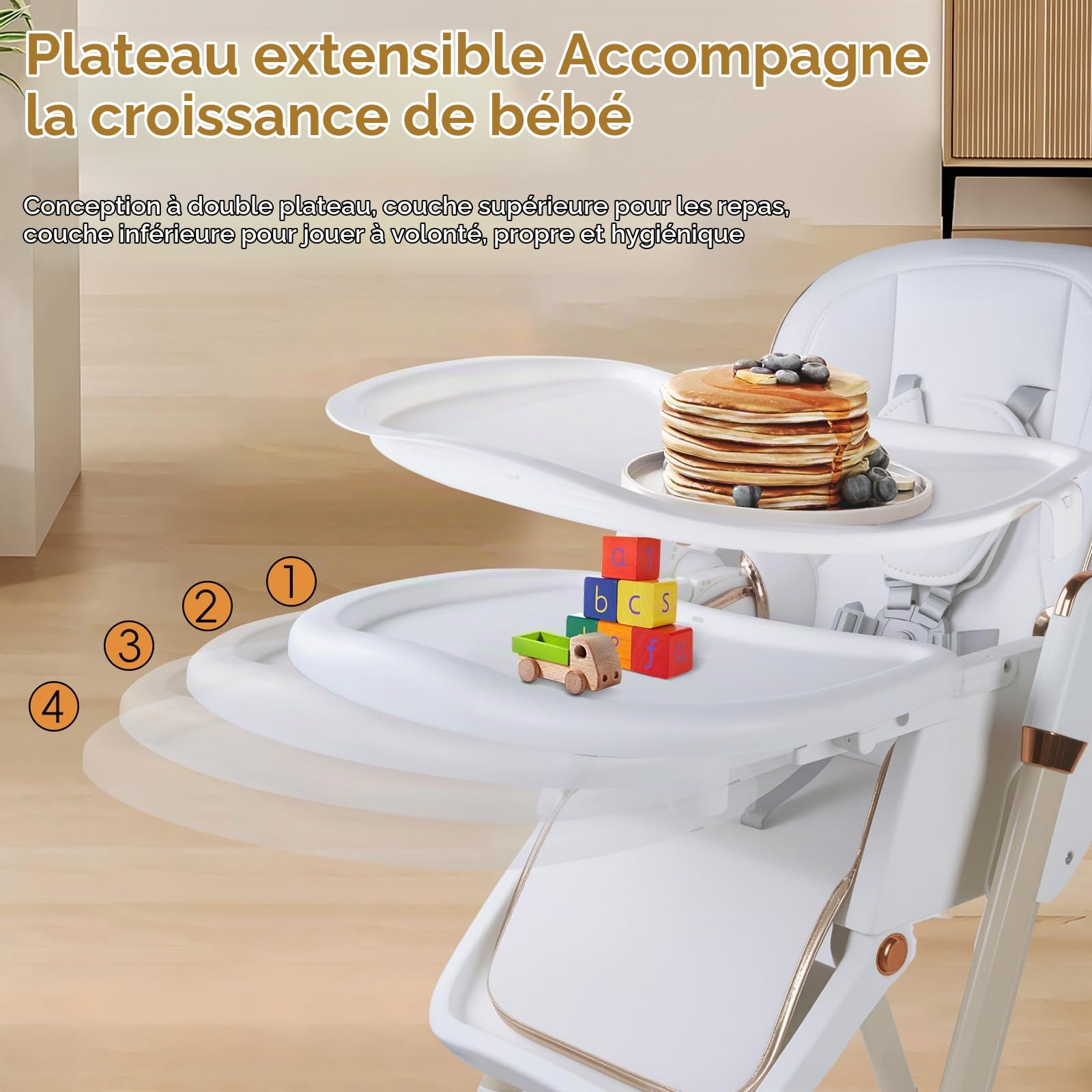Chaise Haute 3 en 1, pour Bébé Ergonomique, Confortable, Inclinable, Pliable, avec Hauteur Réglable, Repose-Pieds, Plateau Amovible, Harnais 5 Points, 0 à 20 kg (Blanc)