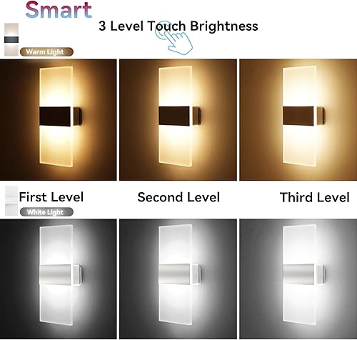 Miniatura 5 de Apliques de pared modernos, funciona con batería USB recargable, 2 lámparas de pared LED acrílicas para sala de estar, dormitorio, pasillo, ajuste