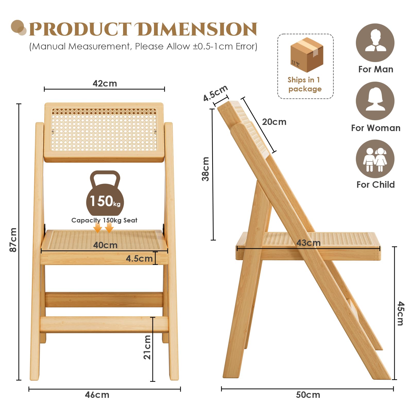 Clevich Sillas Plegables de Madera, Estilo Bohemio, Silla de ratán con Trenzado vienés, Silla de jardín Plegable, Silla Plegable de Madera para Comedor, Silla de ratán, Silla de balcón