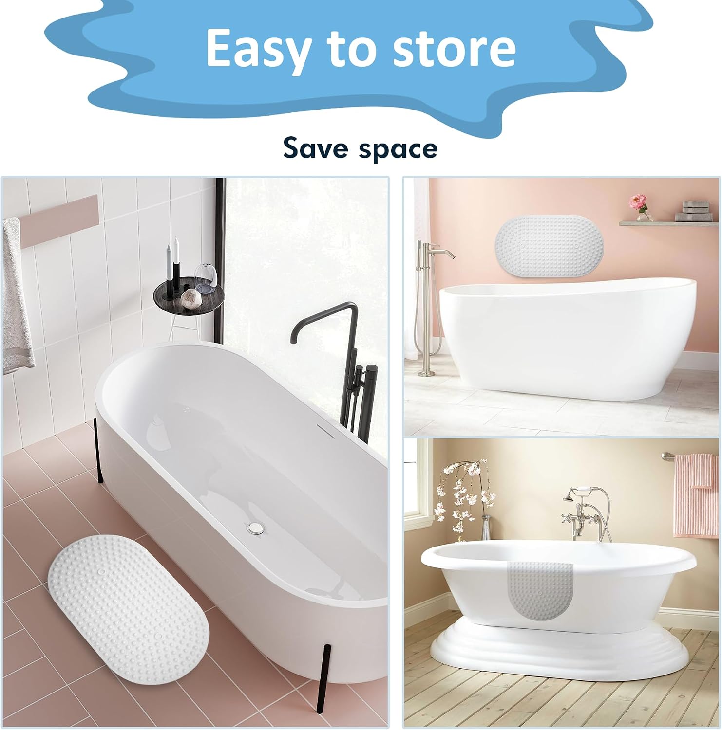 Tiamo Silicone Bath Mat for Tub Non Slip,27 x 16 Inches Bathtub Mat for Shower Anti Slip,Machine Washable,Push Pop Bubbles,White