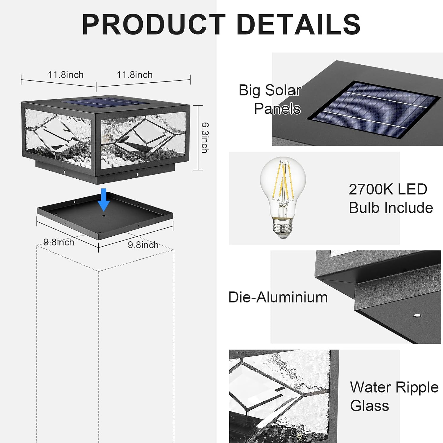 Solar Fence Post Lights Outdoor Waterproof LED with Remote Control, Solar Panel Powered Dusk to Dawn Cap Pillar Lighting, Waterproof Fence Post Cap Light for Deck Garden Patio Porch