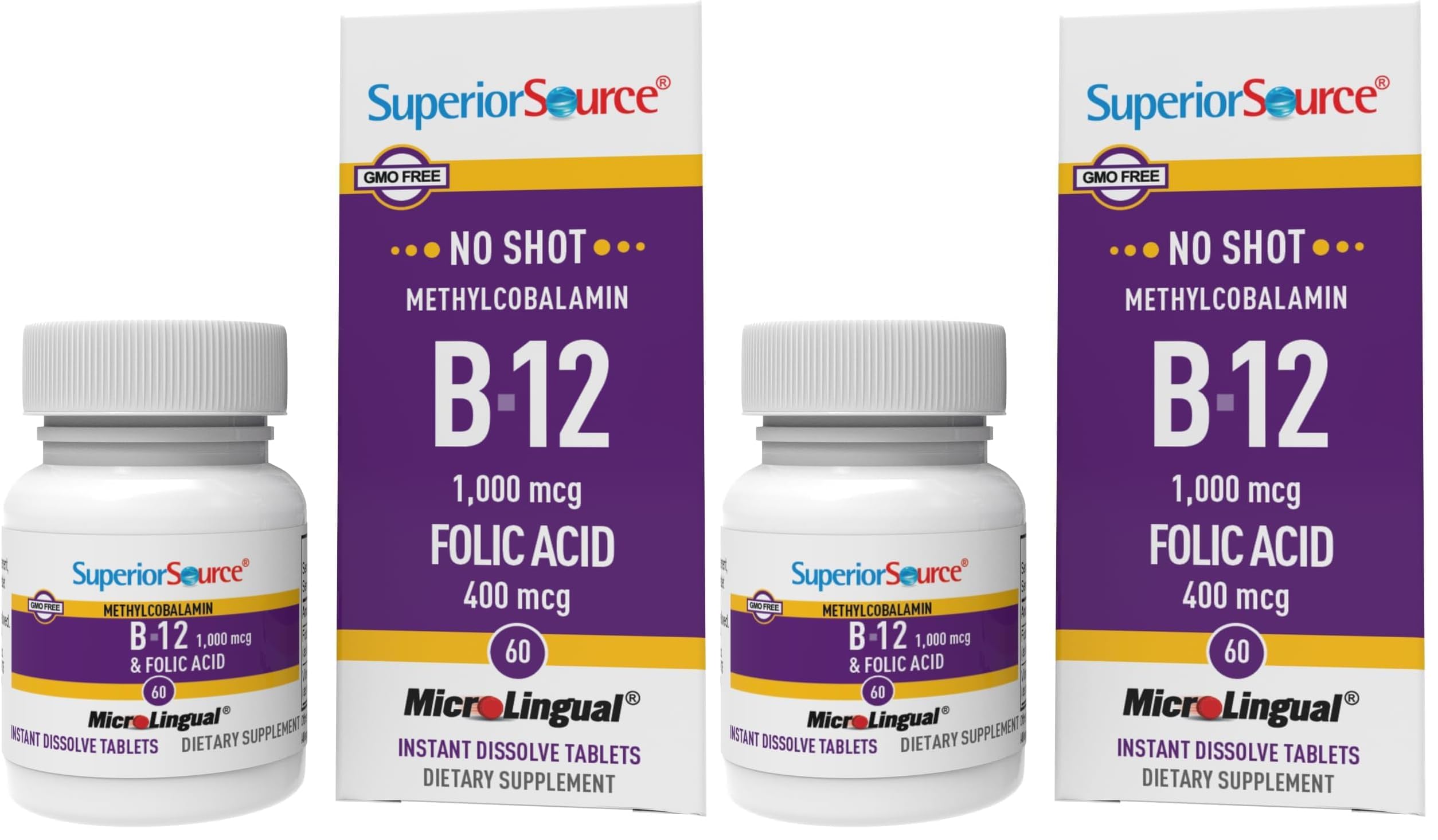 Superior Source No Shot Methylcobalamin B12 with Folic Acid Multivitamin, 60 Count (Pack of 2)