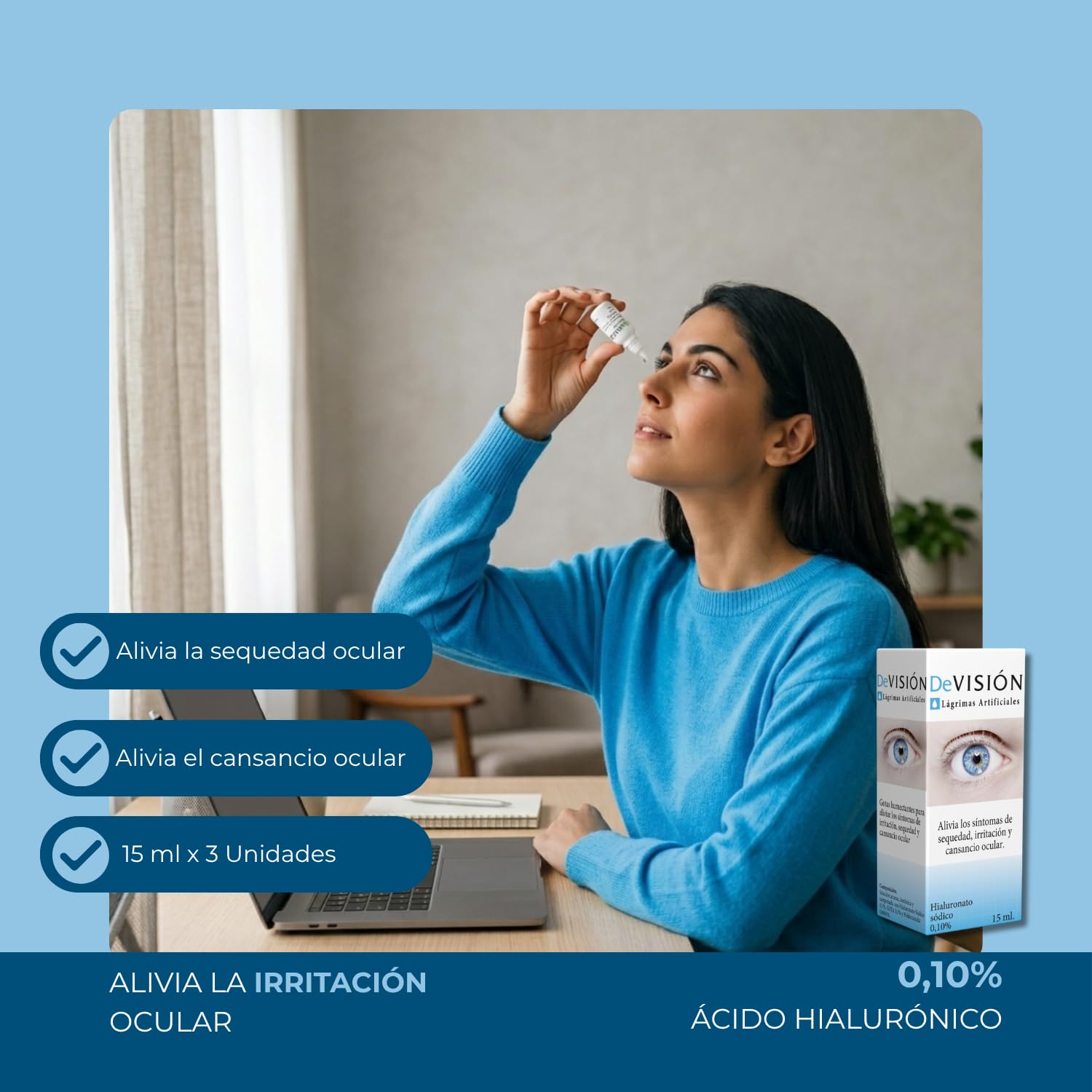 DeVisión Lágrimas Artificiales 15 ml - Pack de 3 Unidades - Gotas Oftálmicas con Hialuronato Sódico 0,10% – Lubricante Ocular para Aliviar la Sequedad, Irritación y Cansancio Ocular – Envase Gotero