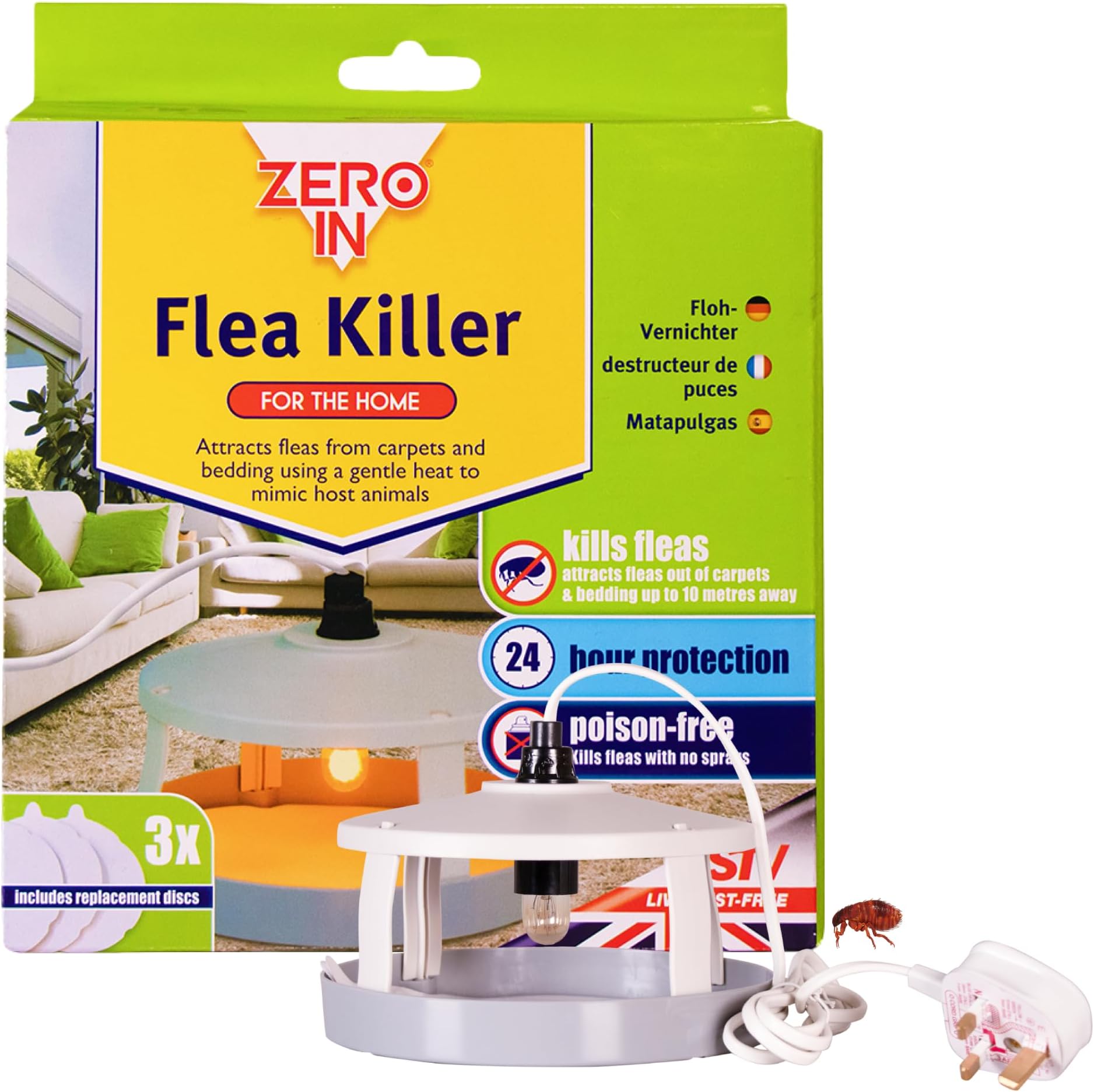 Zero In Flea Killer - Continuous Flea Control with 7-Watt Heat Flea Lamp - Safe, Chemical-Free & Covers 10-Metre Radius - Breaks Flea Life Cycle - Flea Traps for Home & Indoor Use