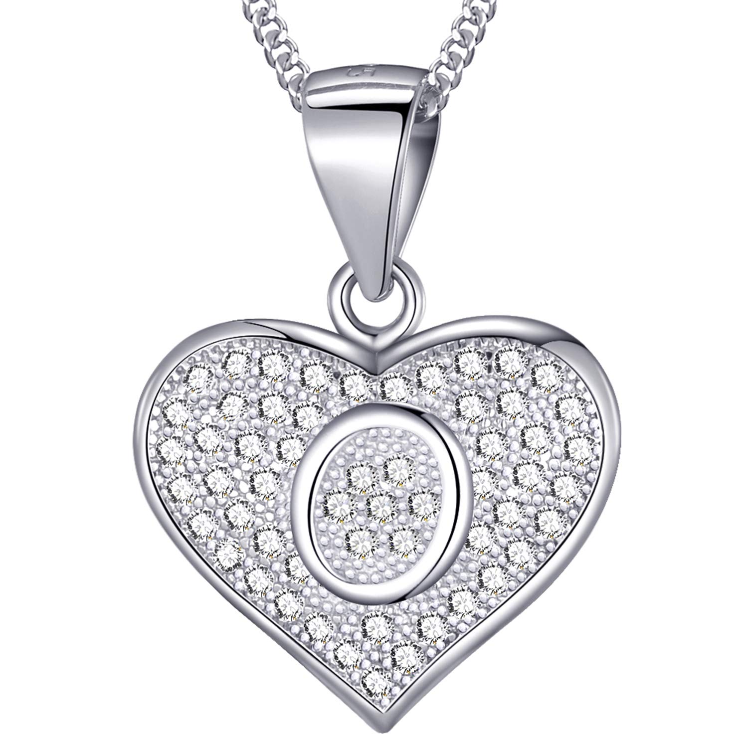 MASADA925 Silver Heart Letter Necklace - Initial Pendant with Zirconia Stones - 46 cm Chain with Velvet Bag