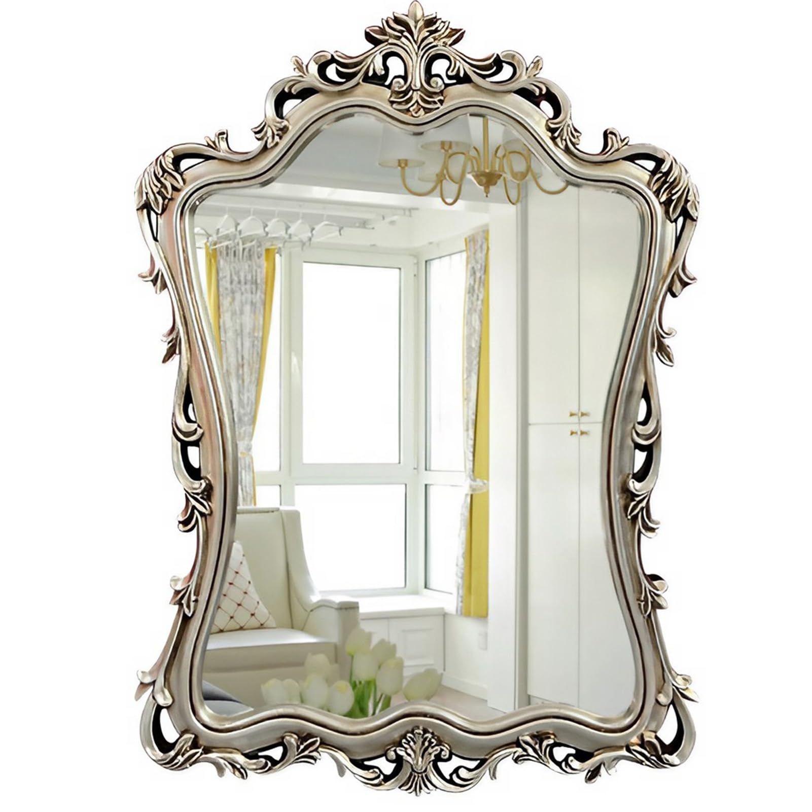 FGXHHS Traditional Vintage Decorative Wall Mirror - Baroque Bathroom with Ornate Frame for Bedroom Living Room Entryway Hallway (Antique Silver)