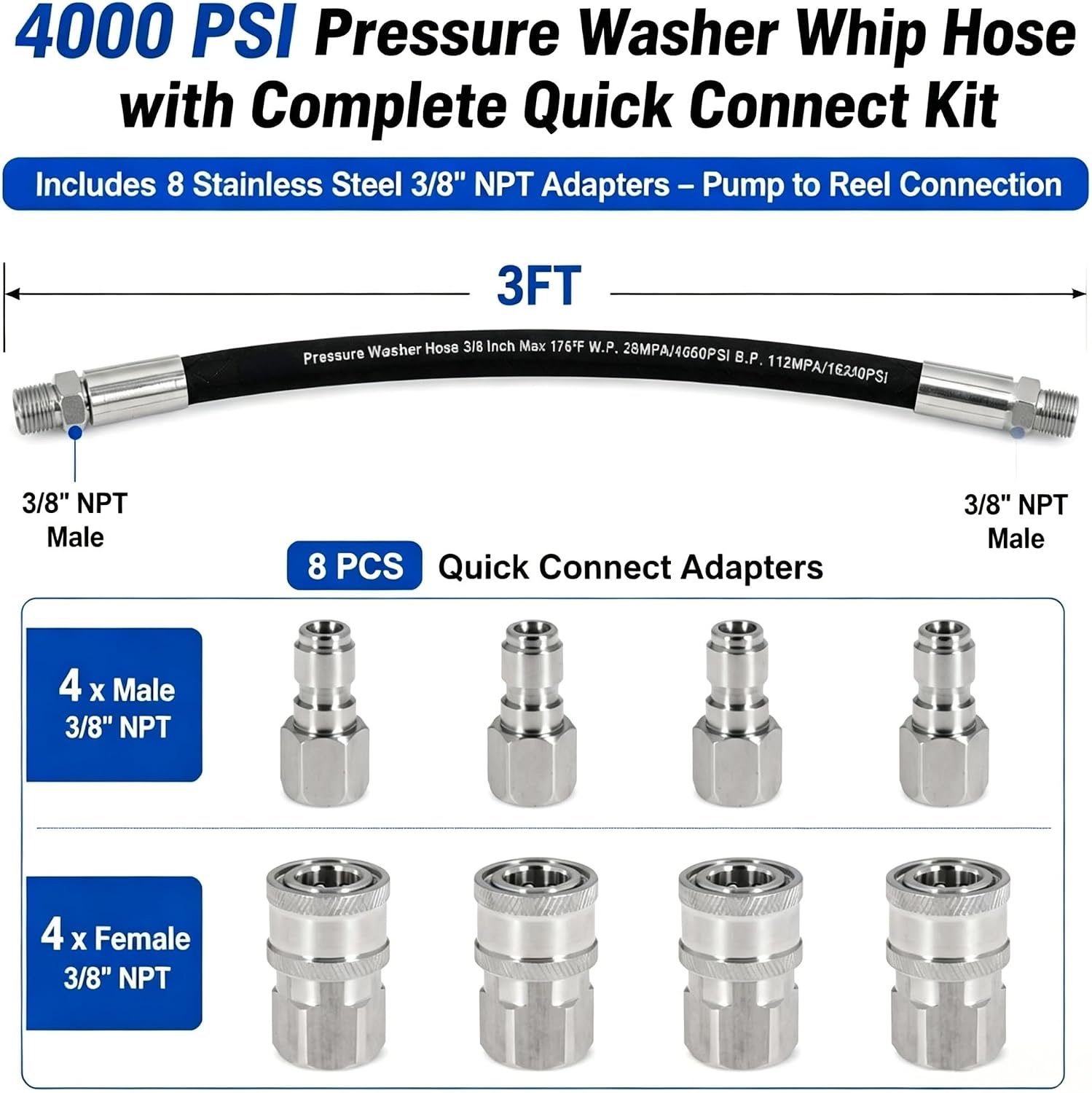 3FT Pressure Washer Whip Hose 4000 PSI Includes 4 Set 3/8" Male and Female Quick Connectors High Pressure Jumper Hose with 3/8" NPT Steel Connectors for Hose Reel, Pump to Reel Connection