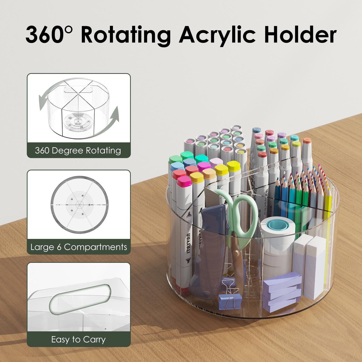 Schreibtisch-Stifthalter, um 360 Grad drehbarer Stift-Organizer aus Acryl für Kinder, Buntstift-Marker, Bürobedarf, Organizer, drehbarer Organizer für Schreibtisch, Küche, Make-up,