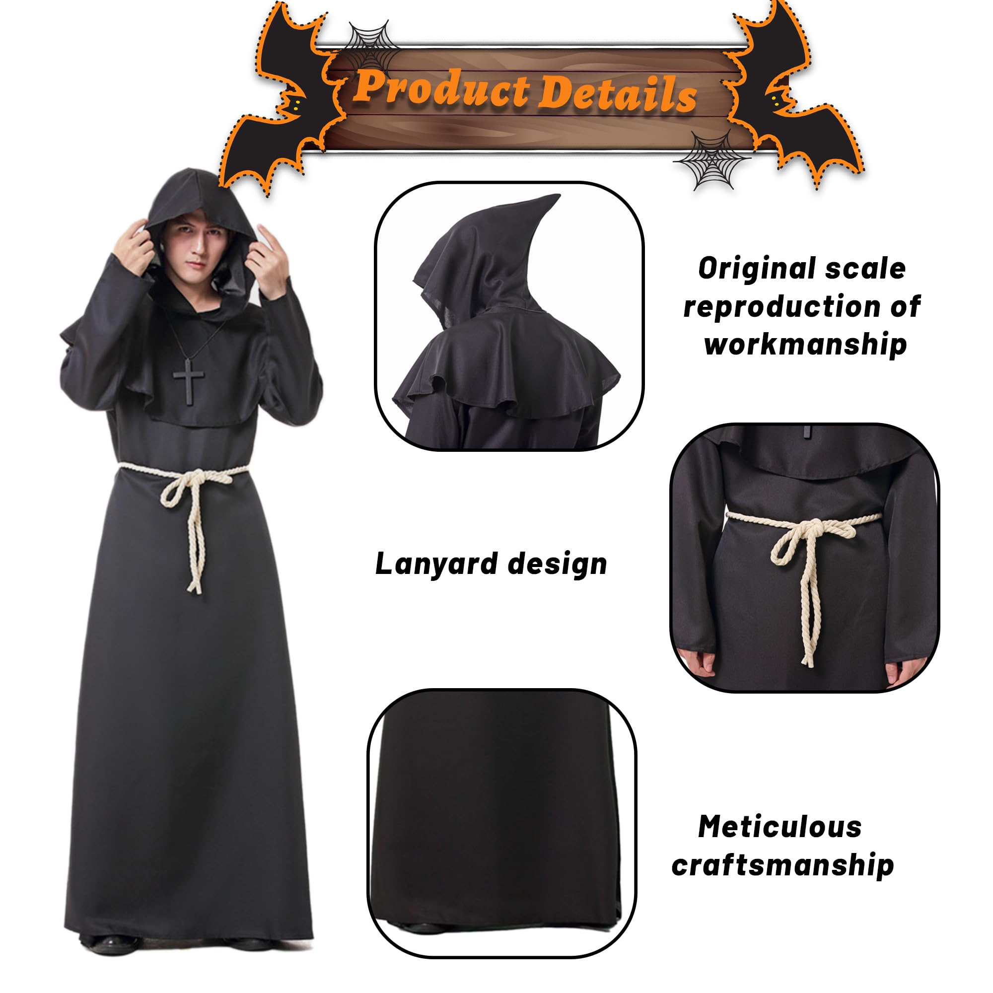 Monk Costume with Hooded Cross, Halloween Costumes Men, Medieval Costume Men, Men's Cosplay Hooded Monk robe, Monk's Cowl Costume for Halloween Medieval Renaissance (Black, L) - Image 3