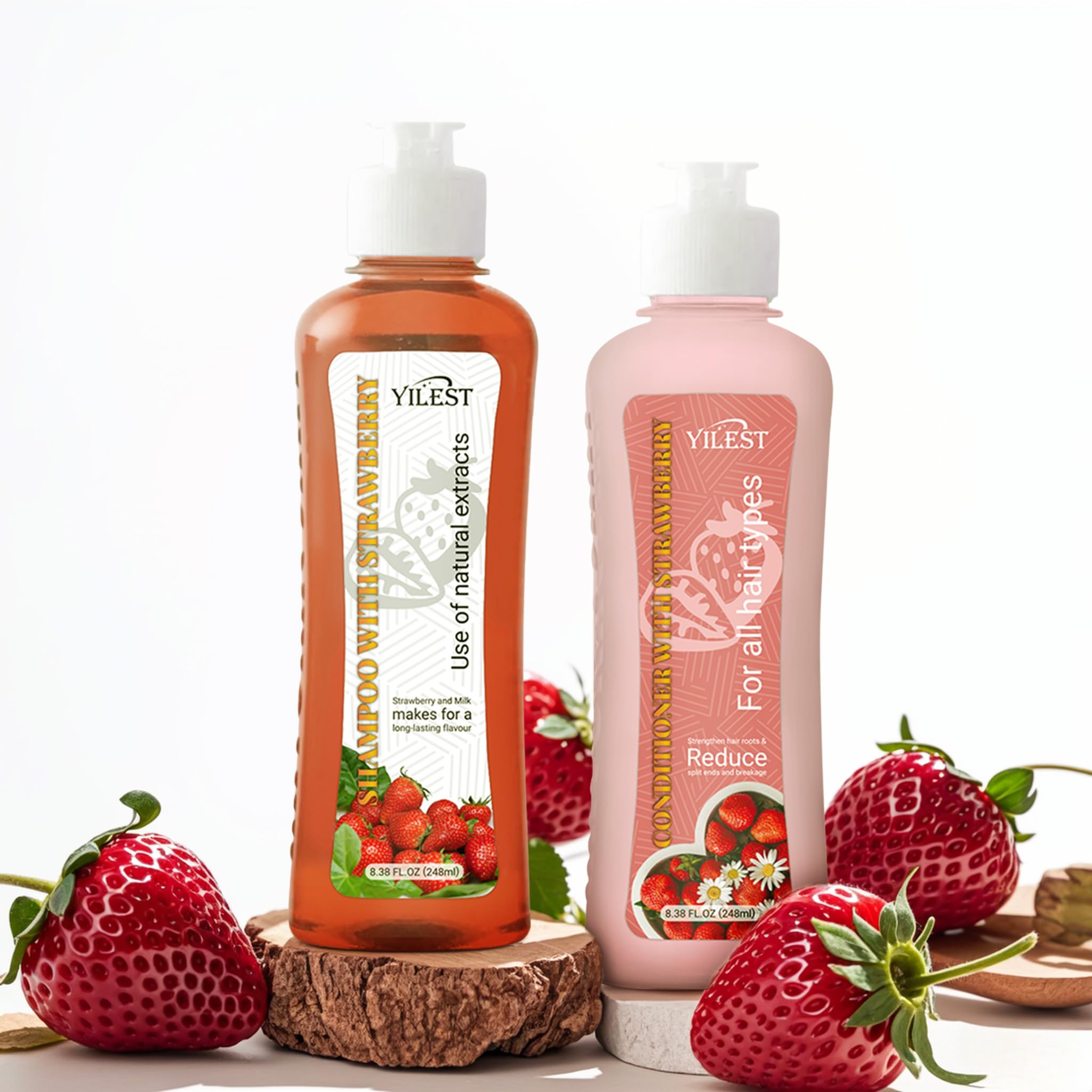 Strawberry & Milk Shampoo & Conditioner Set - Natural Extracts for All Hair Types - Strengthen Hair Roots, Reduce Split Ends & Breakage - 8.38 Fl Oz (248ml) Each - Long-Lasting Fragrance