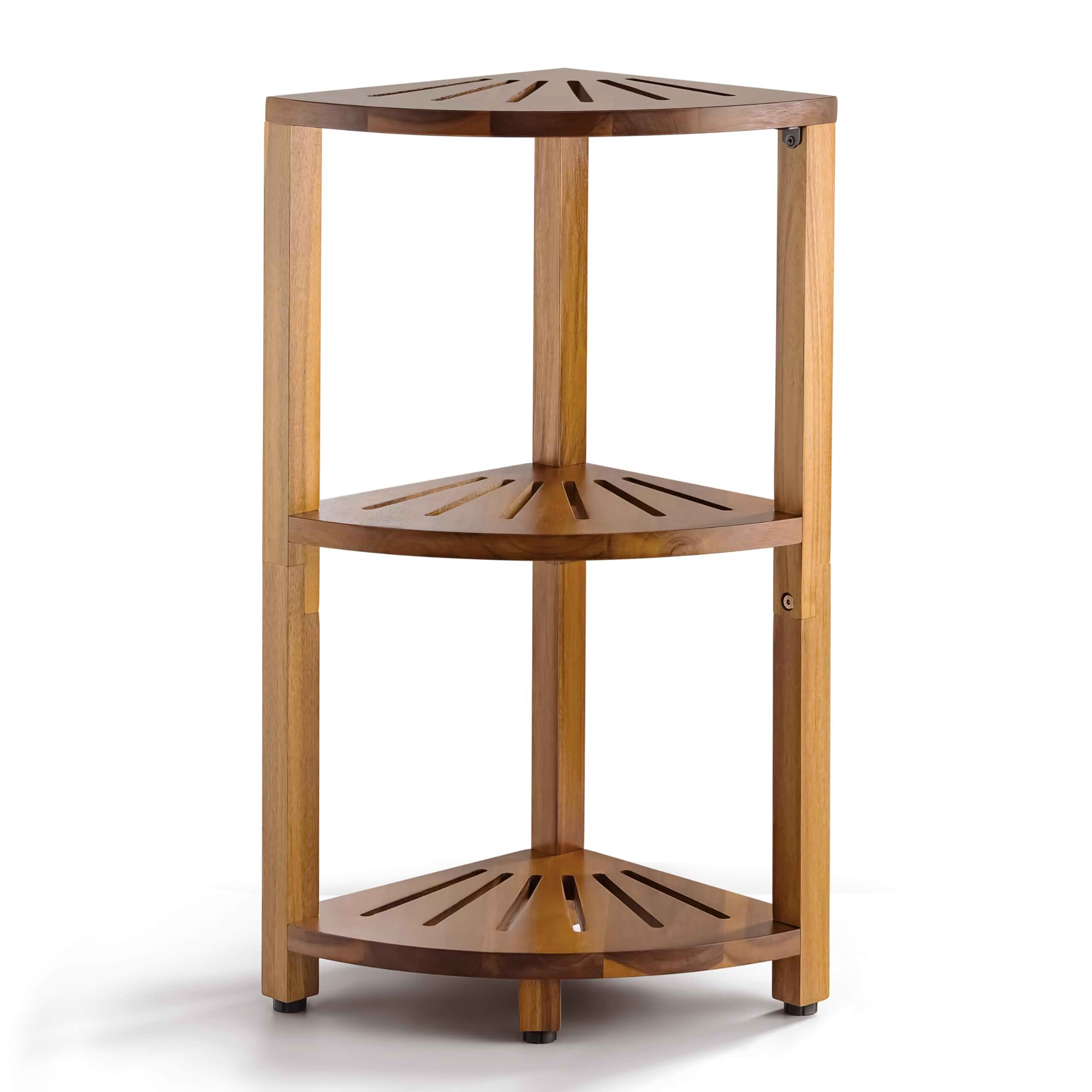 BLUEWEST 3-Tier Wooden Corner Shower Caddy Organizer with Anti-Slip Feet Waterproof, Durable Bathroom Corner Shelf with a Space-Saving Design for Storage in Showers, Kitchens and Living Room Areas.