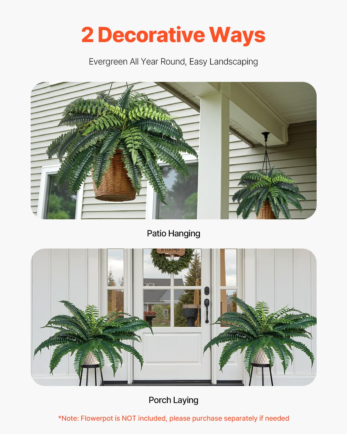 VEVOR Fougère Artificielle Lot de 2, Fausse Fougère de Boston 90-100 cm, Plante Suspendue 35 Feuilles, Décoration Intérieur Extérieur