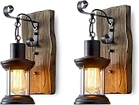 Rustic Industrial Wall Sconces Set of 2 - Black Metal Lantern with Wood Backplate, Farmhouse Indoor Light Fixture for Bedroom, Hallway, Porch