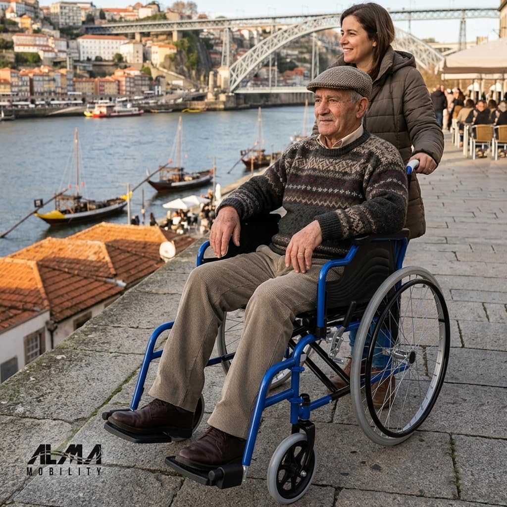 ALMA Power 1.1 Silla de Ruedas Manual - Silla Plegable con Aros de Propulsión, Reposabrazos Abatible, Frenos de Mano, Ruedas Traseras Grandes