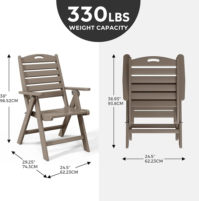 Outdoor Adjustable Highback Folding Patio Dining Chair, HDPE Armrest Poly Lumber Restaurant Bistro Dining Chair for Outside Porch Backyard Garden, Weathered Wood image 3