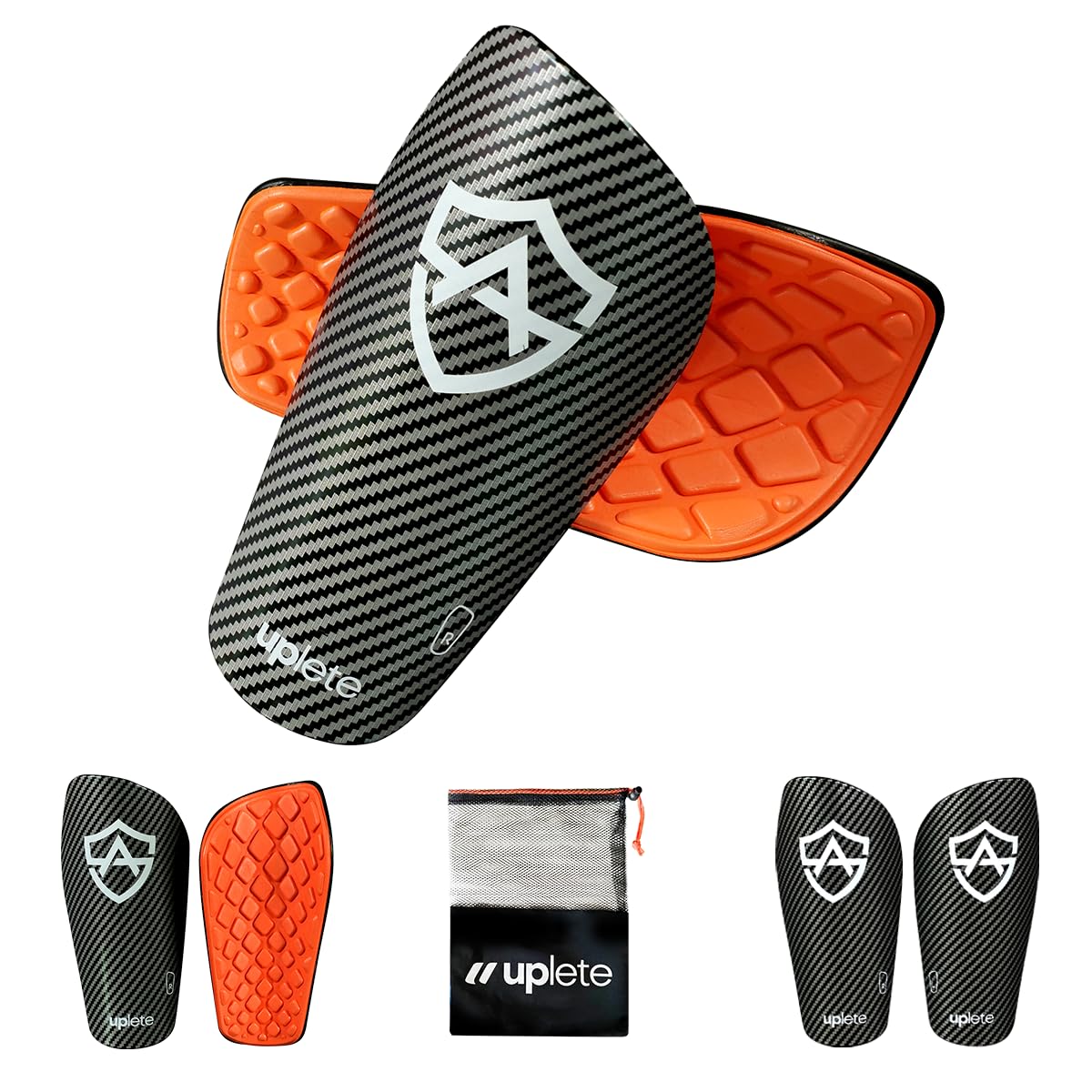 Shin Guards for Soccer – Youth & Adult Sizes for Kids, Boys, Girls, Men, Women – Carbon-Textured Protective Shin Pads with Free Bag for Cleats &