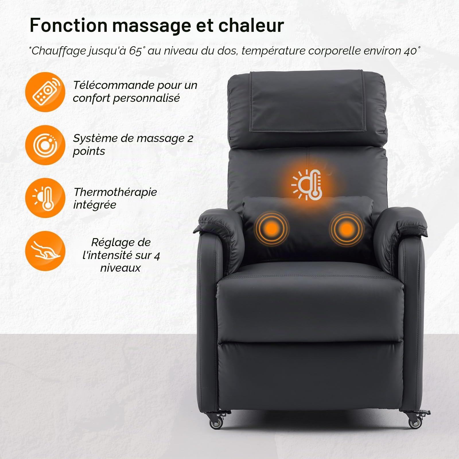 Bonnlo Fauteuil de relaxation, fauteuil de télévision, fauteuil de massage électrique avec fonction allongée, fauteuil TV, massage à 2 points et fonction chauffante, ports USB-C et USB-A, 1 poche