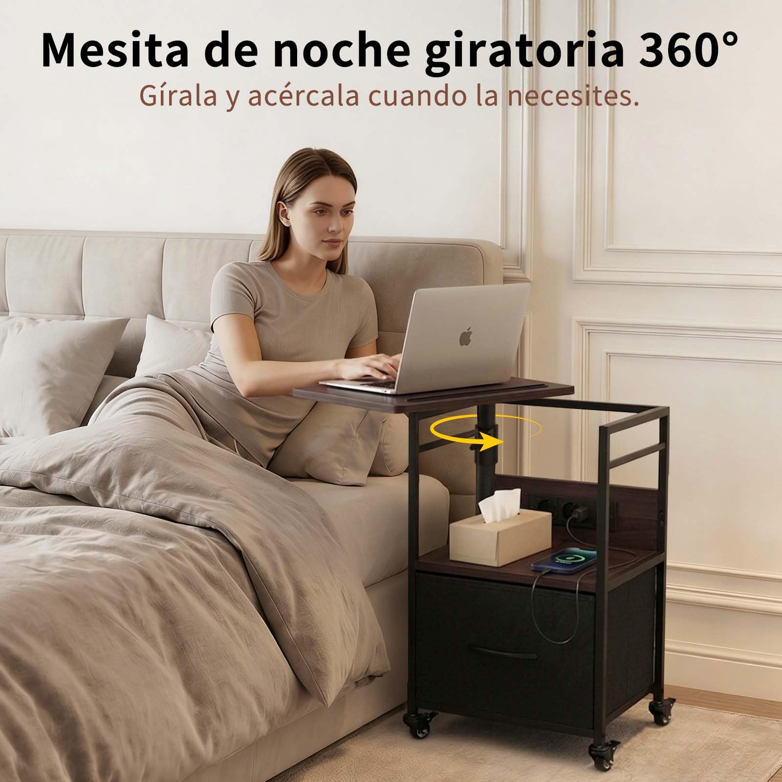 Mesita de Noche con Enchufe y USB, Mesa Auxiliar con Ruedas y Freno, giratoria 360° y Altura Ajustable, Gran almacenaje con cajón, Acabado Negro Nogal, Poste Reforzado, salón y Dormitorio