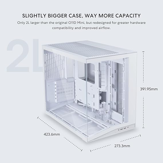 LIAN LI O11D MINI V2 | Compact ATX Mid-Tower Airflow Computer Case | Panoramic View | Fully Ventilated Airflow | Adjustable I/O | Pillar-Less | Cable Management | White (O11DMIV2W)