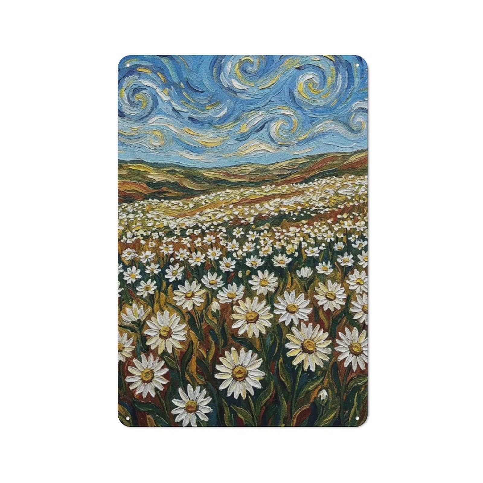 Junmoney Style-15 Vintage Metal Plaque 30X20cm Featuring Daisy Field Impressionist Painting, Diner Style Decor For Restaurant, Kitchen, Counter Or Breakfast Nook