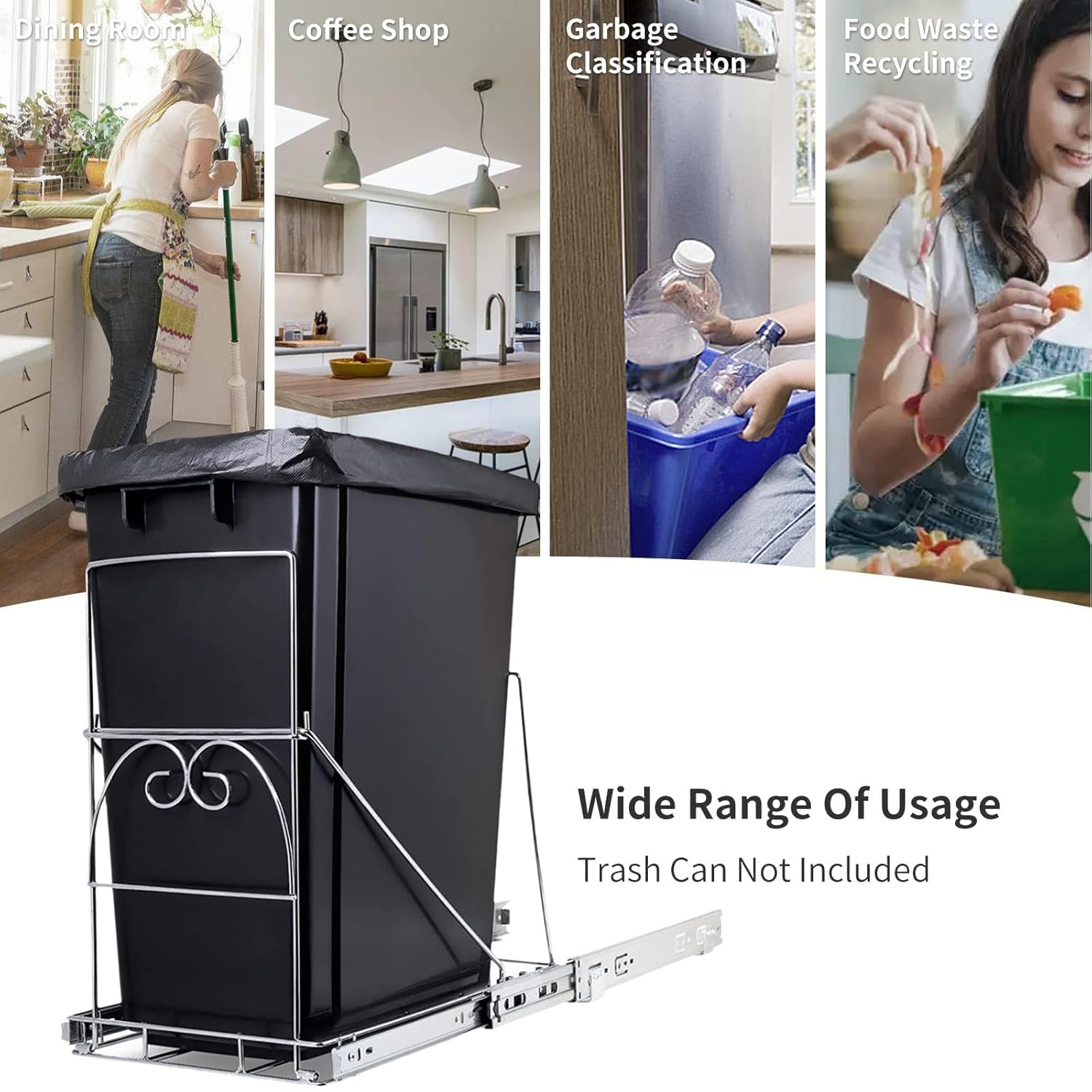 Pull-Out Under Sink Trash Can Holder - Stainless Steel Slide-Out Garbage Bin Rack with Soft-Close Slides | Space-Saving Cabinet Organizer for Kitchen Waste Bins, Fits 7–11 Gallon Trash Cans.
