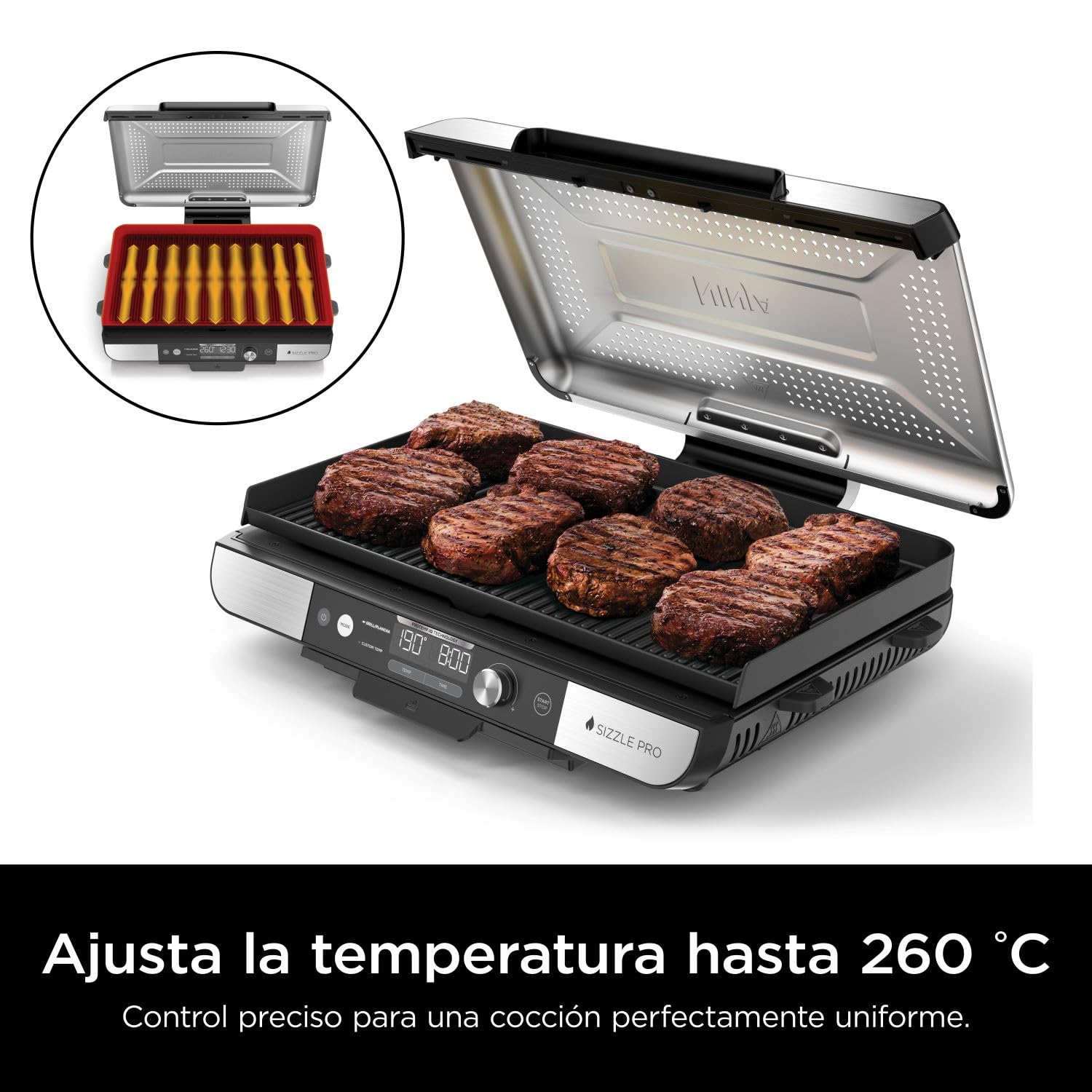 Ninja Sizzle Pro XL, Parrilla y Plancha para Interior, GX101EU | Con Placa de Parrilla y Plancha Cerámicas Antiadherentes, Tapa Desmontable, Recogegrasas y Guía de Recetas, Plateado/negro