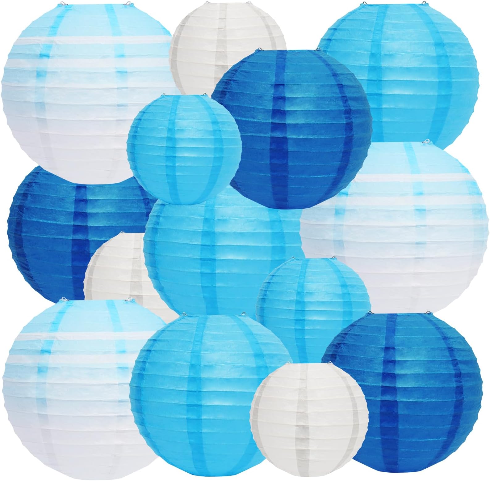 Paper Lanterns, Tumwisk 14PCS Chinese Lanterns Set, Gradient Blue Round Paper Lantern for Home Classroom Wedding Birthday Valentine's Day Decorations（Size of 6" 8" 10"）