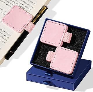 2-Pack PU Leather Magnetic Bookmarks with Pen Holder, Pink | Pink PU leather bookmarks with built-in magnets, square accents and elastic pen holders; gift box included for readers