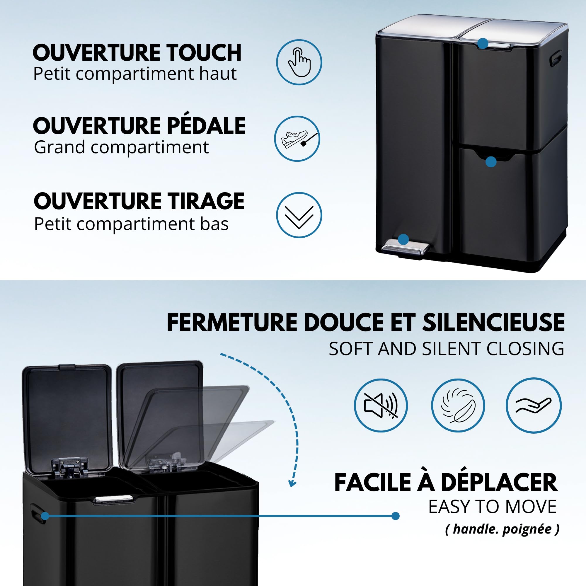 KITCHEN MOVE Poubelle de cuisine à pédale tri sélectif recyclage 60L(13+17+30L) HAJA en acier Inox Noir avec seau