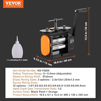 Rolling Mill, 2.24/57 mm Jewelry Rolling Mill Machine, 1: 2 Gear Ratio, 3-in-1 Multi-Function Rolling Mill, 0-5.5 mm Press Thickness for Metal Jewelry Making Sheet Square Wire Elli