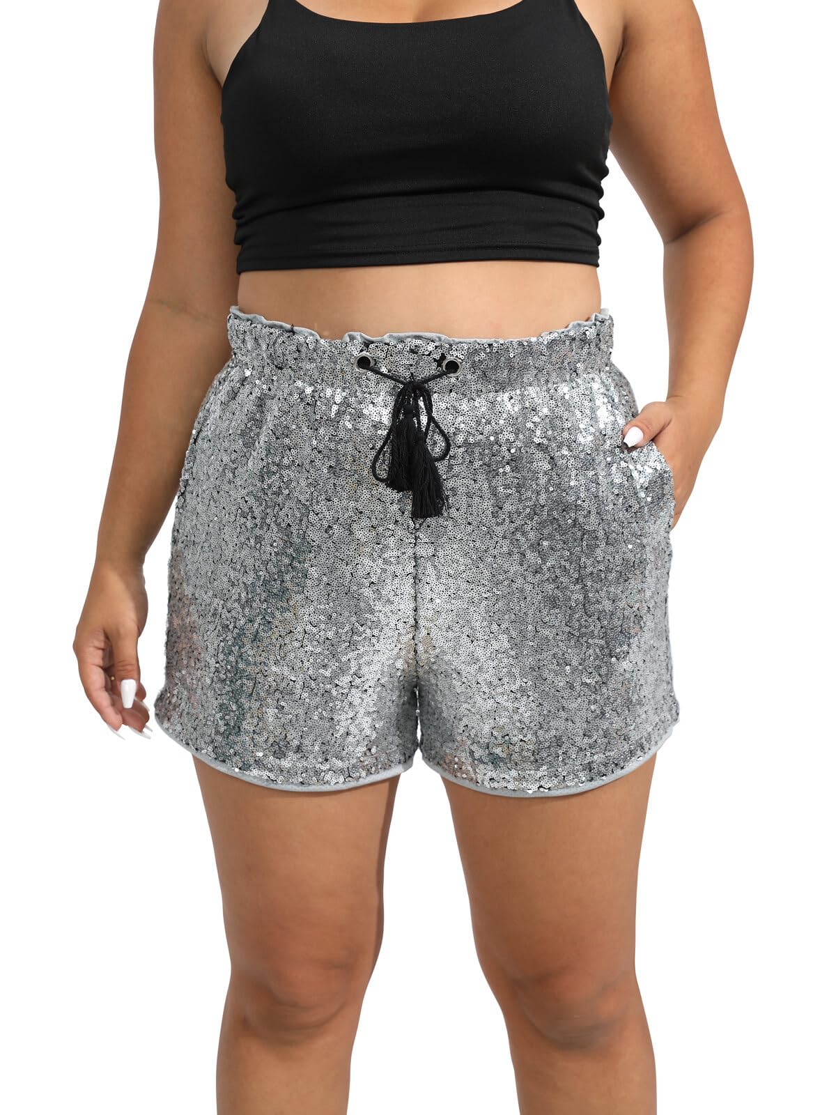 GRTXIN Women's Sequins Shorts High Waist Elastic A Line Sparkly Clubwear Night-Out Shorts